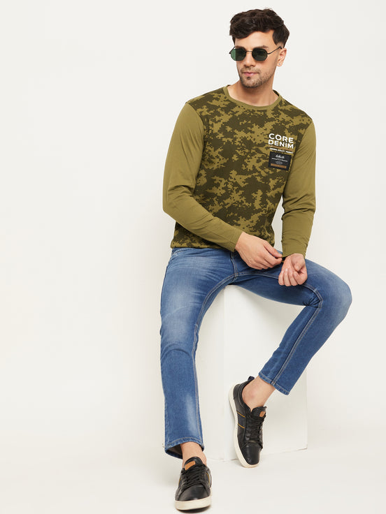 Olive Green Printed  Round Neck T-Shirt