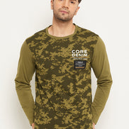 Olive Green Printed  Round Neck T-Shirt