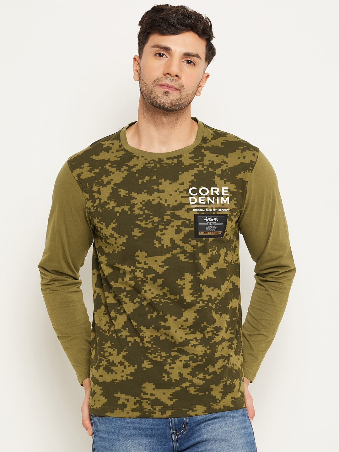 Olive Green Printed  Round Neck T-Shirt