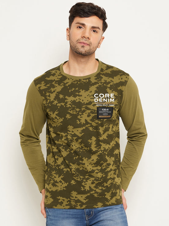 Olive Green Printed  Round Neck T-Shirt