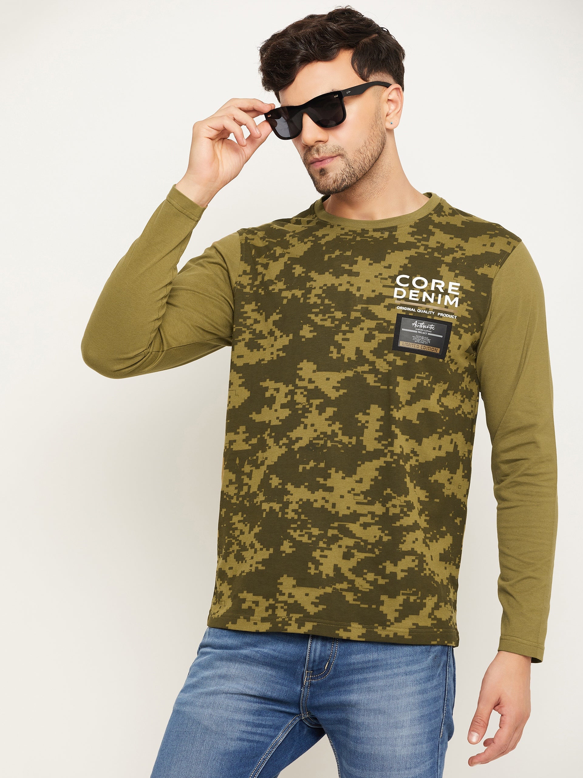 Olive Green Printed  Round Neck T-Shirt