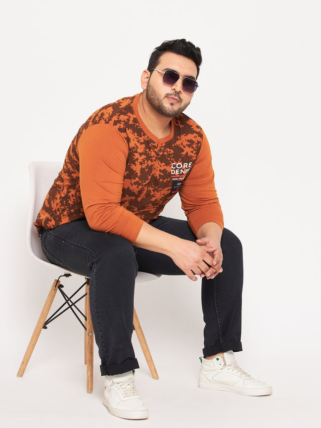 Brown Printed  Round Neck Plus Size T-Shirt