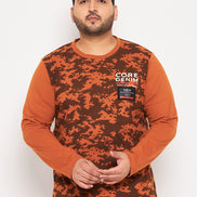 Brown Printed  Round Neck Plus Size T-Shirt