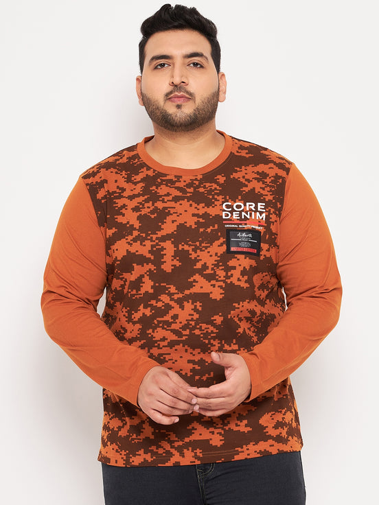 Brown Printed  Round Neck Plus Size T-Shirt