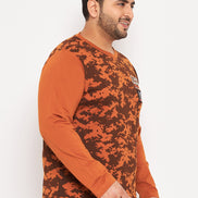 Brown Printed  Round Neck Plus Size T-Shirt