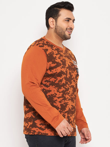 Brown Printed  Round Neck Plus Size T-Shirt