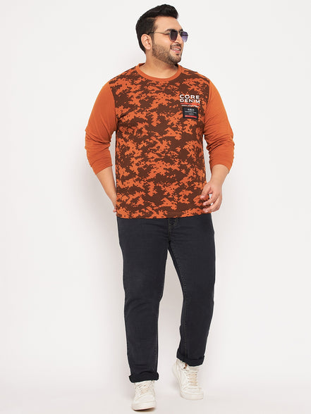 Brown Printed  Round Neck Plus Size T-Shirt