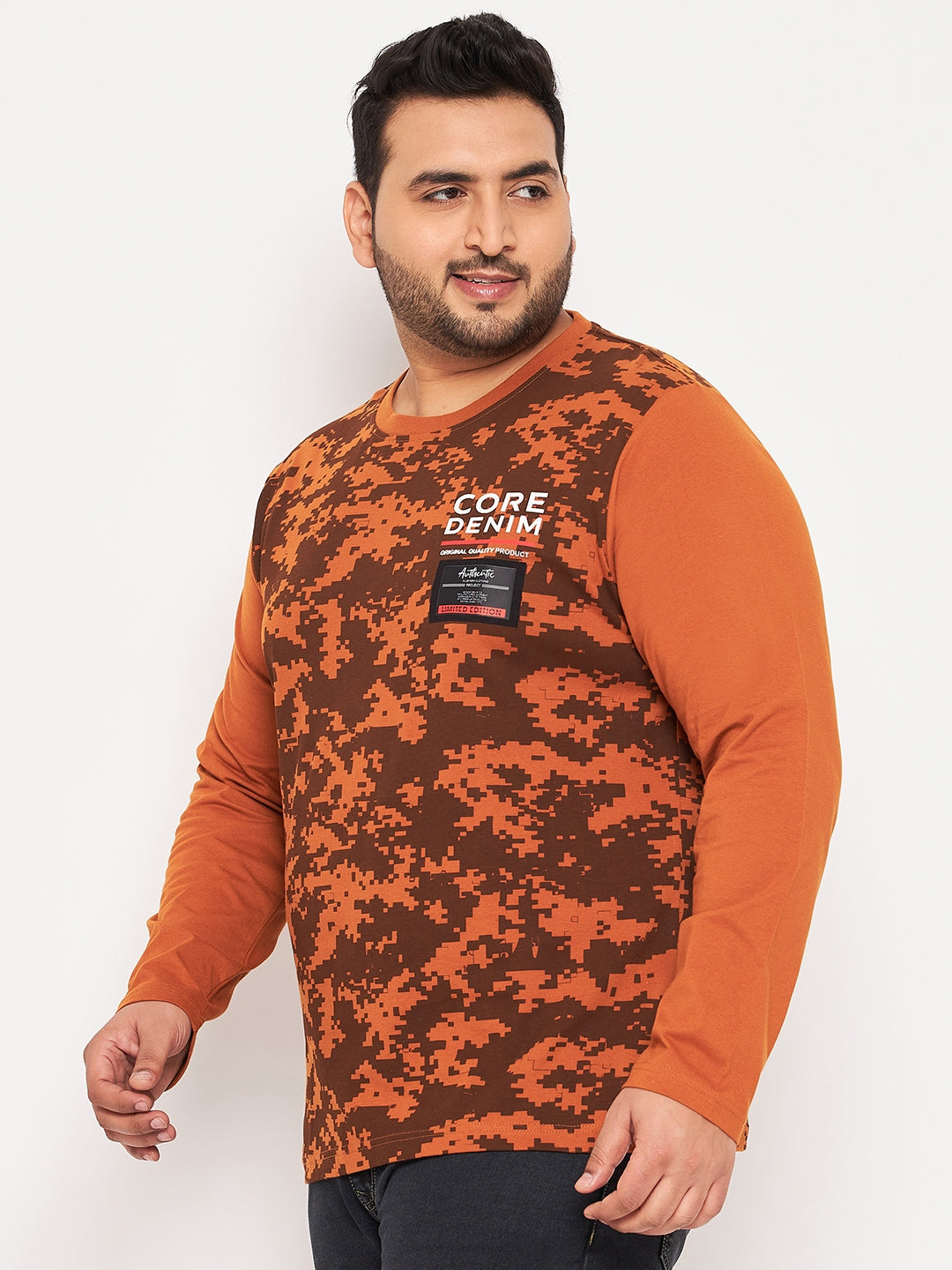 Brown Printed  Round Neck Plus Size T-Shirt
