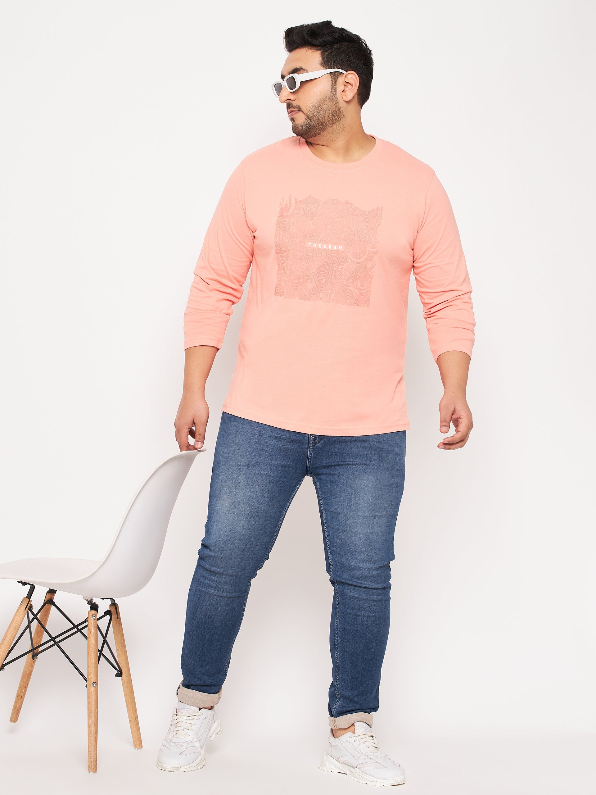 Bright Peach Printed  Round Neck Plus Size T-Shirt