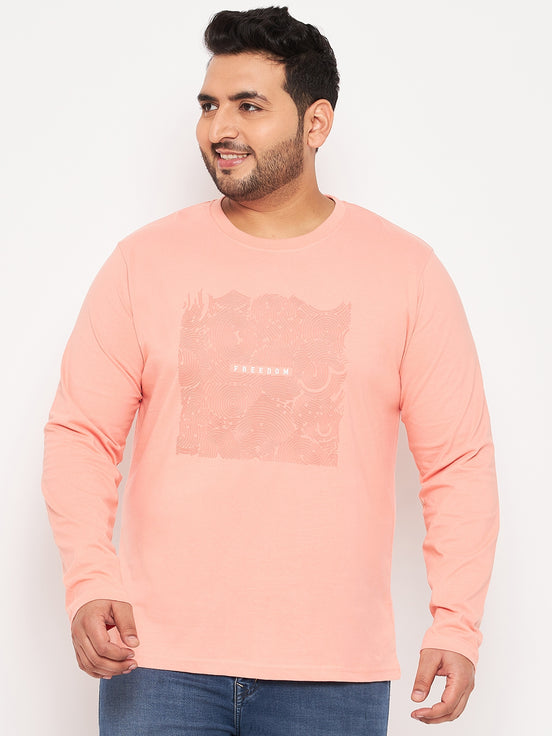 Bright Peach Printed  Round Neck Plus Size T-Shirt