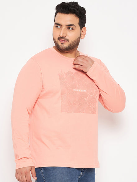Bright Peach Printed  Round Neck Plus Size T-Shirt