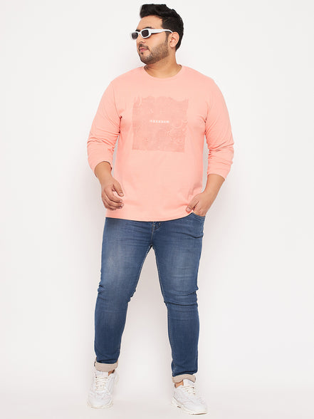 Bright Peach Printed  Round Neck Plus Size T-Shirt