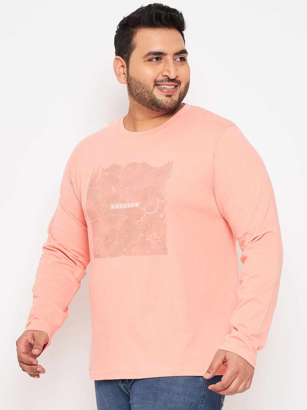 Bright Peach Printed  Round Neck Plus Size T-Shirt