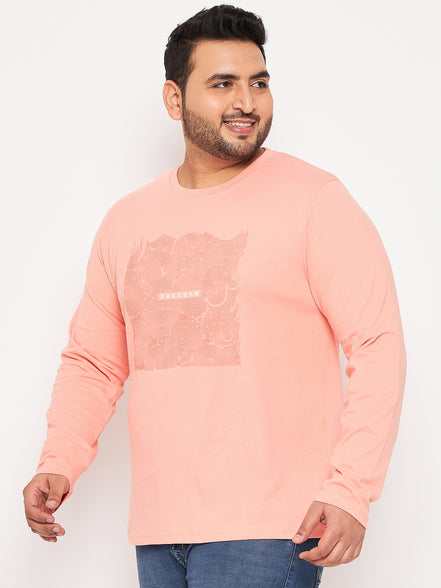 Bright Peach Printed  Round Neck Plus Size T-Shirt