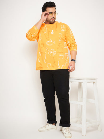 Yellow Printed  Round Neck Plus Size T-Shirt