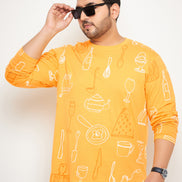 Yellow Printed  Round Neck Plus Size T-Shirt
