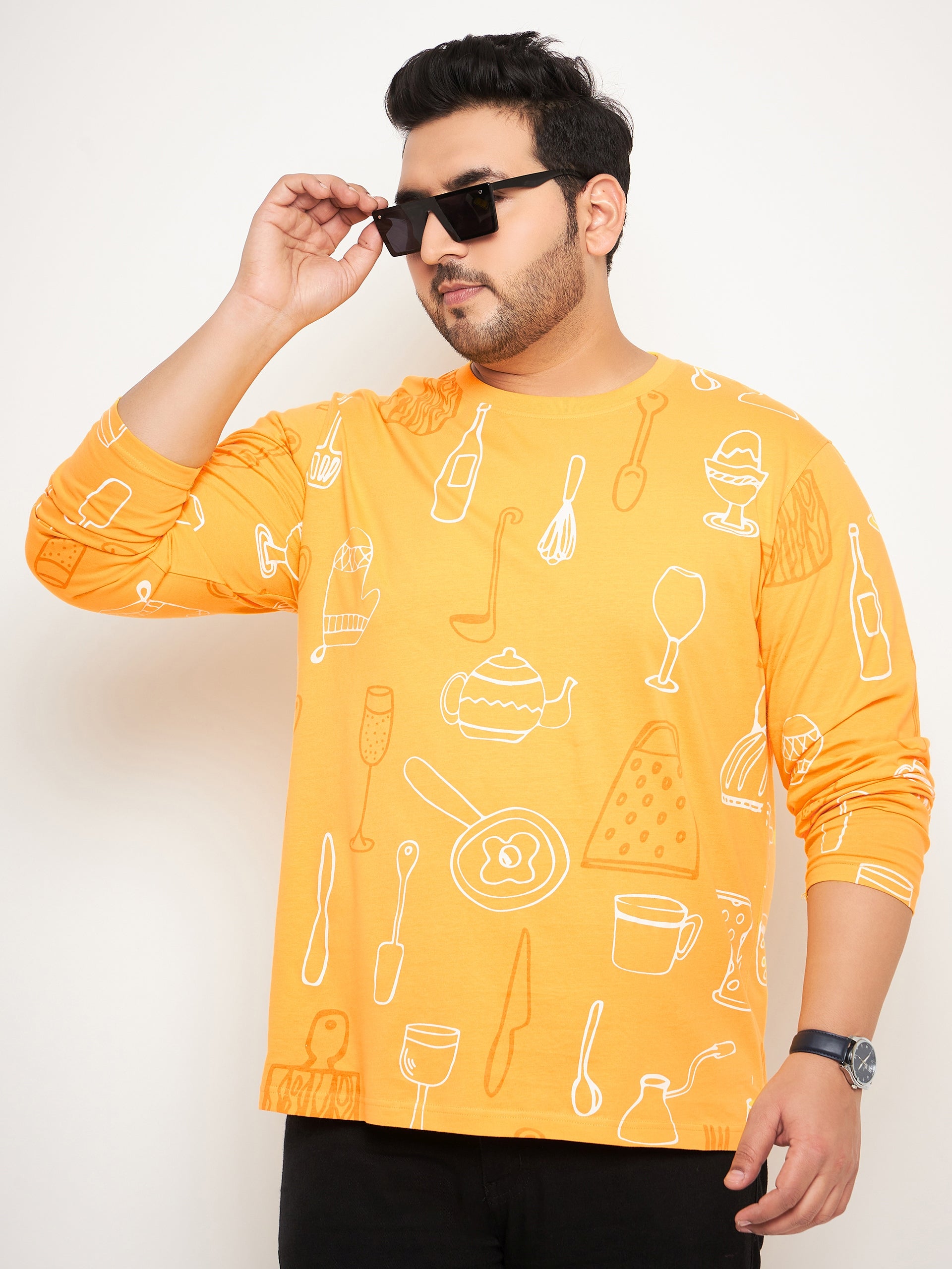 Yellow Printed  Round Neck Plus Size T-Shirt
