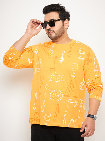 Yellow Printed  Round Neck Plus Size T-Shirt