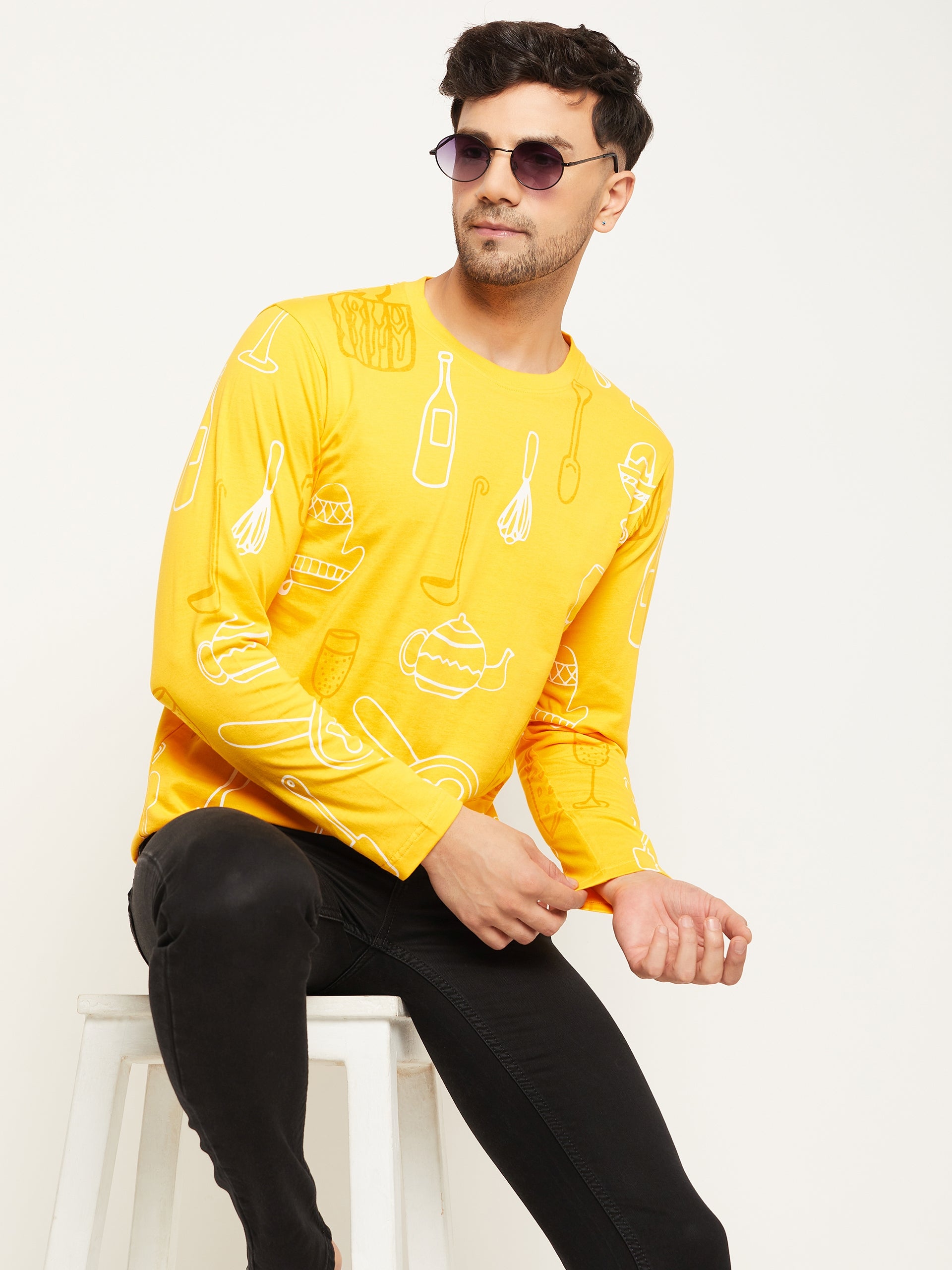 Yellow Printed  Round Neck T-Shirt