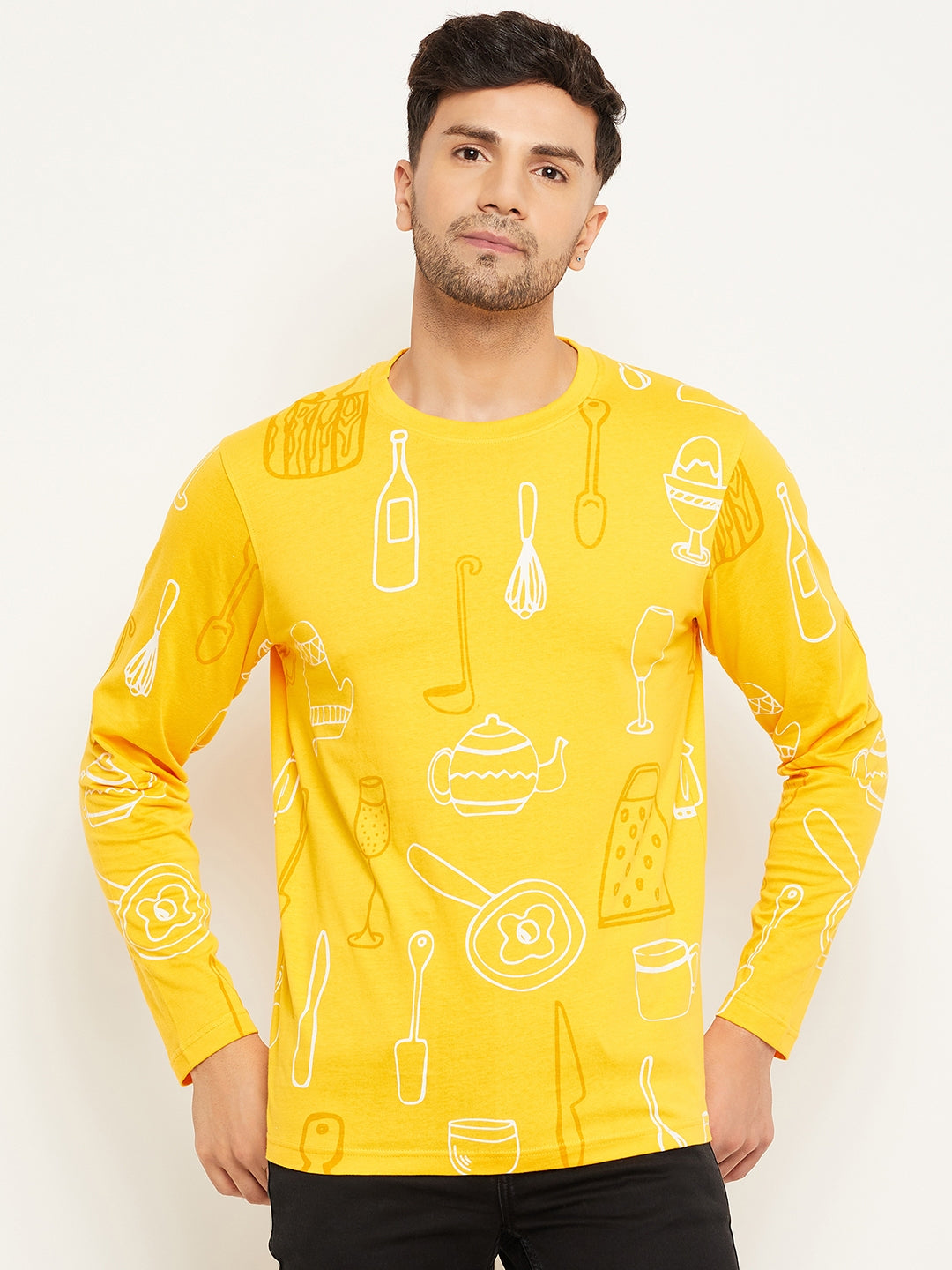 Yellow Printed  Round Neck T-Shirt
