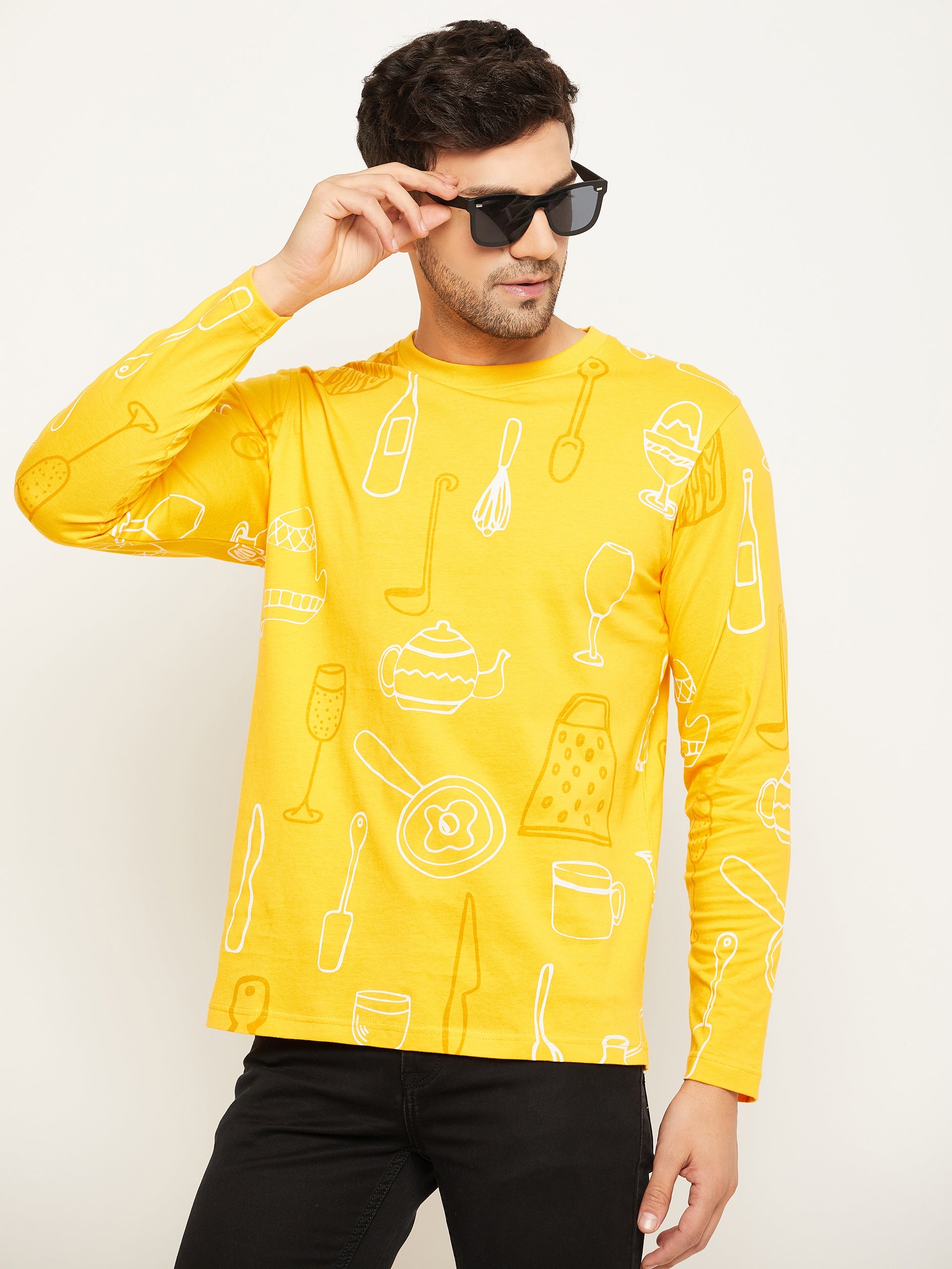 Yellow Printed  Round Neck T-Shirt