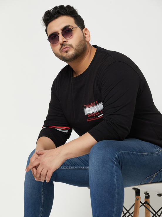 Black Printed  Round Neck Plus Size T-Shirt