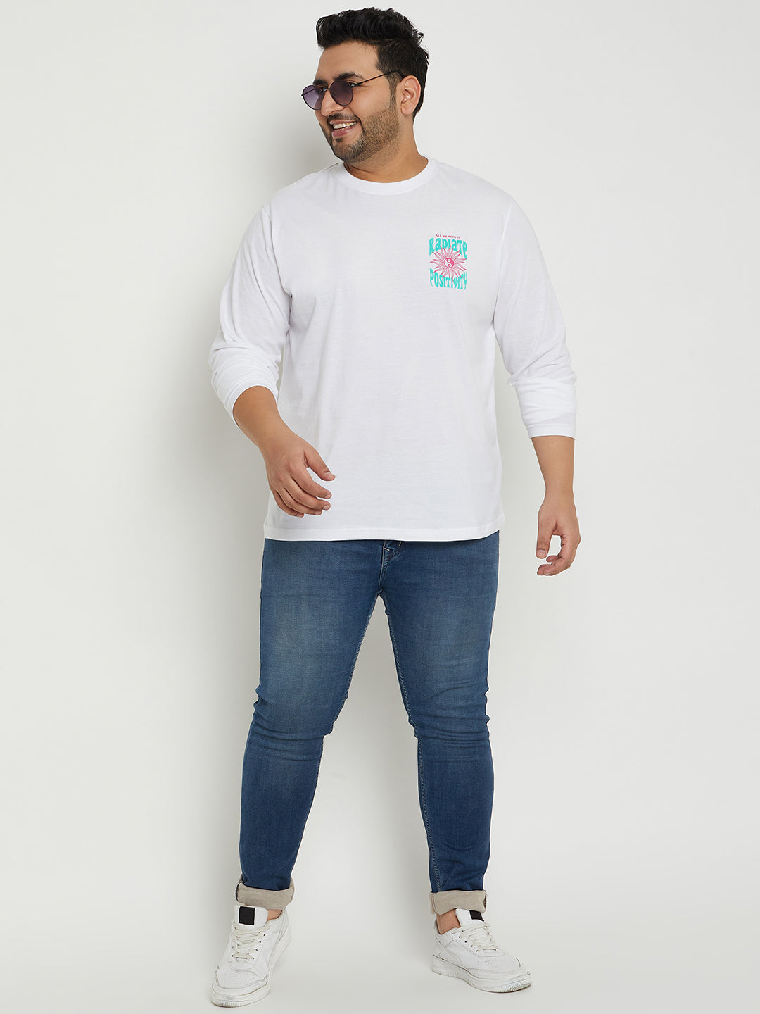White Printed  Round Neck Plus Size T-Shirt