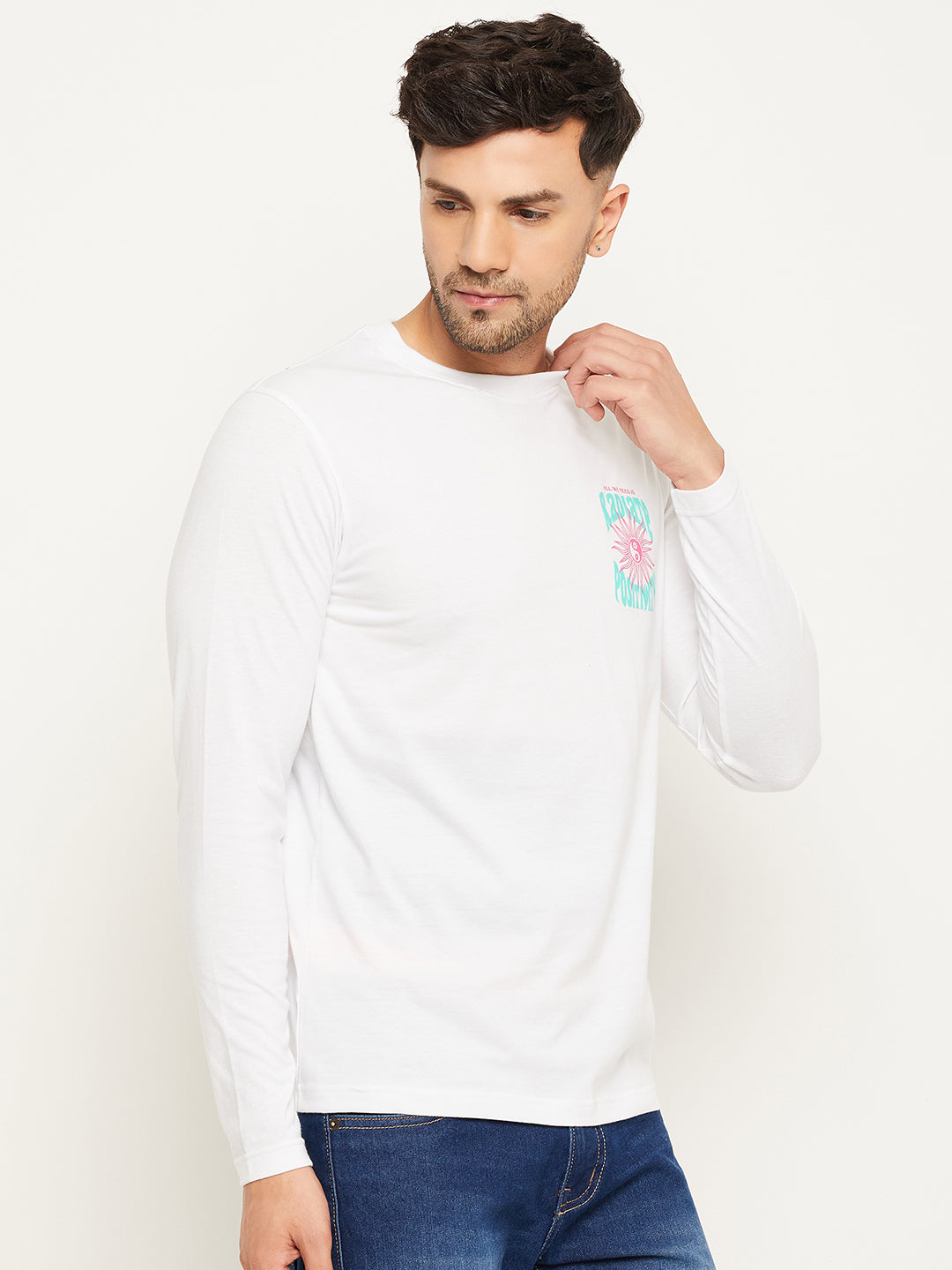 White Printed  Round Neck T-Shirt