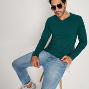 Green Solid V Neck T-Shirt