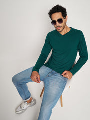 Green Solid V Neck T-Shirt