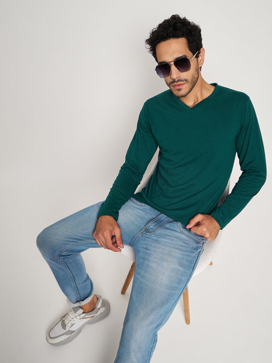 Green Solid V Neck T-Shirt