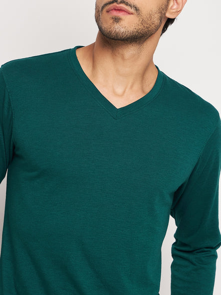 Green Solid V Neck T-Shirt