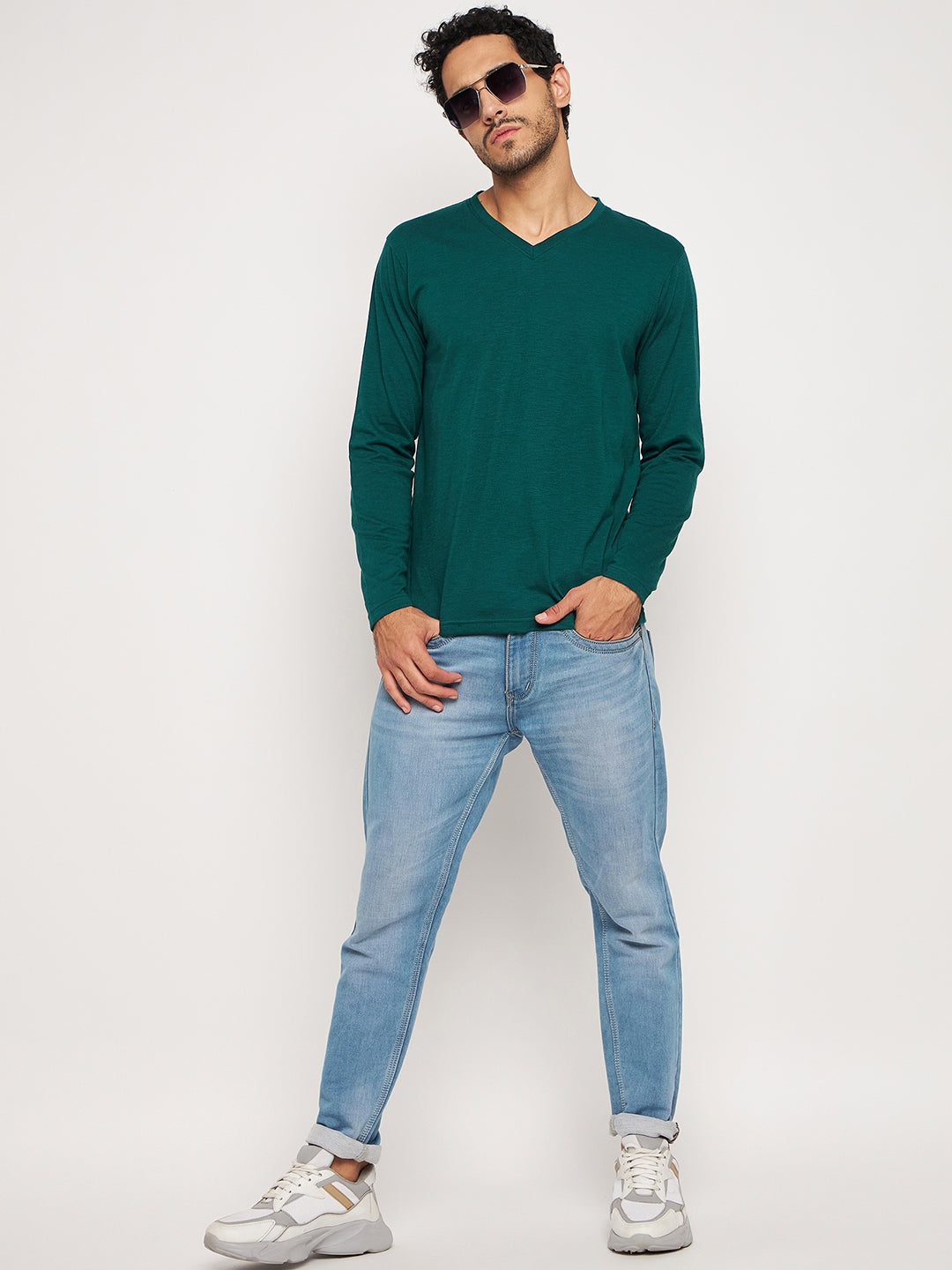 Green Solid V Neck T-Shirt