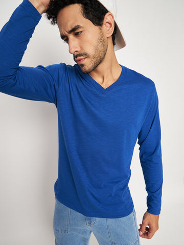 Royal Blue Solid V Neck T-Shirt