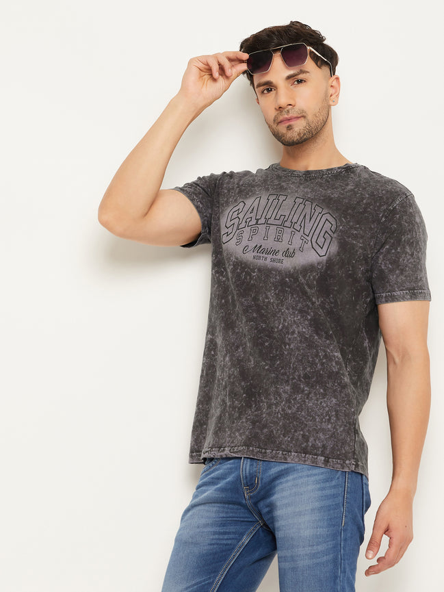 Grey Printed Half Sleeve Round Neck T-Shirt