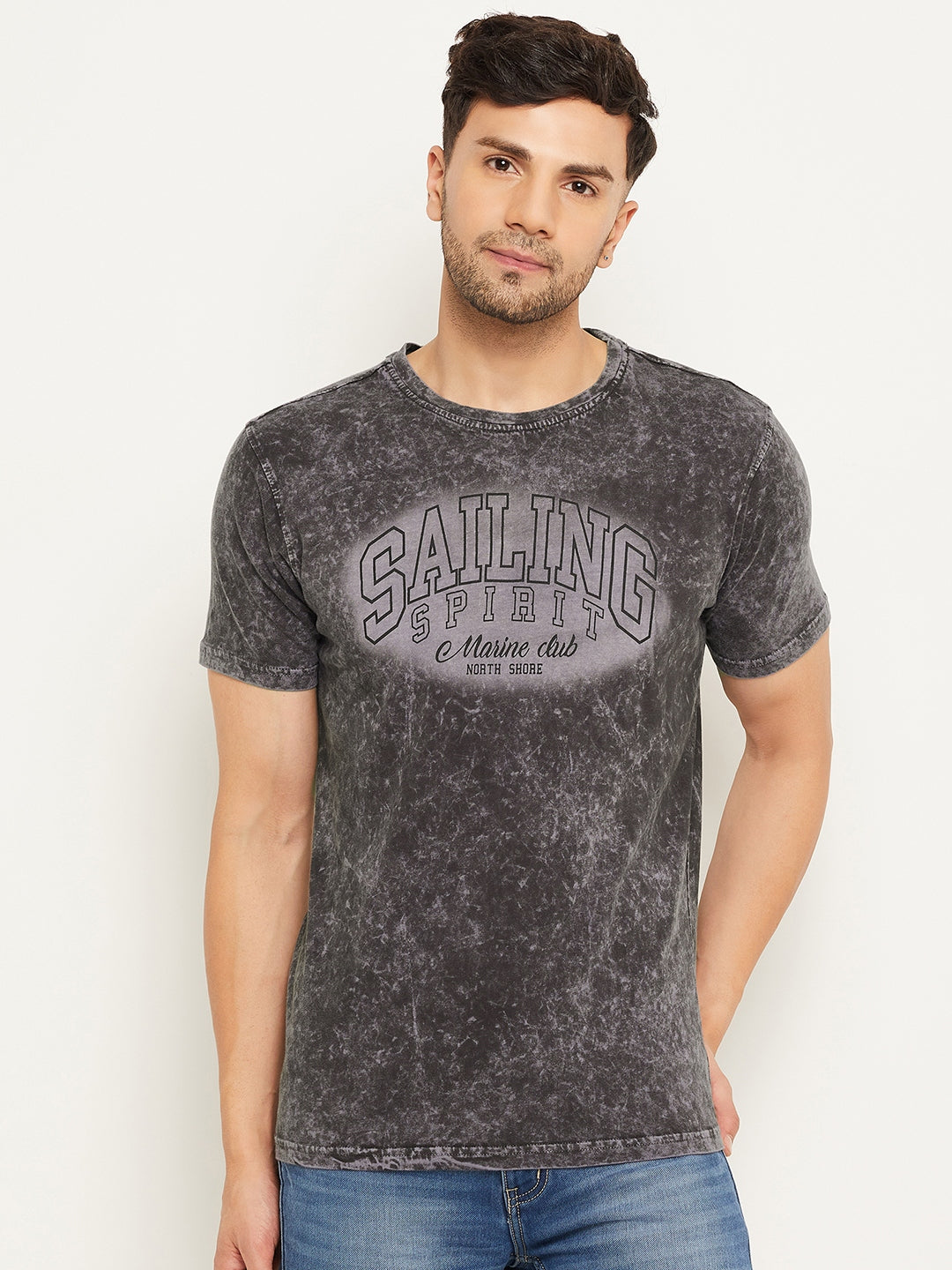 Grey Printed Half Sleeve Round Neck T-Shirt