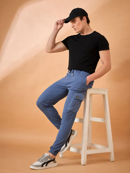 Men Blue Solid Regular Fit Trackpant