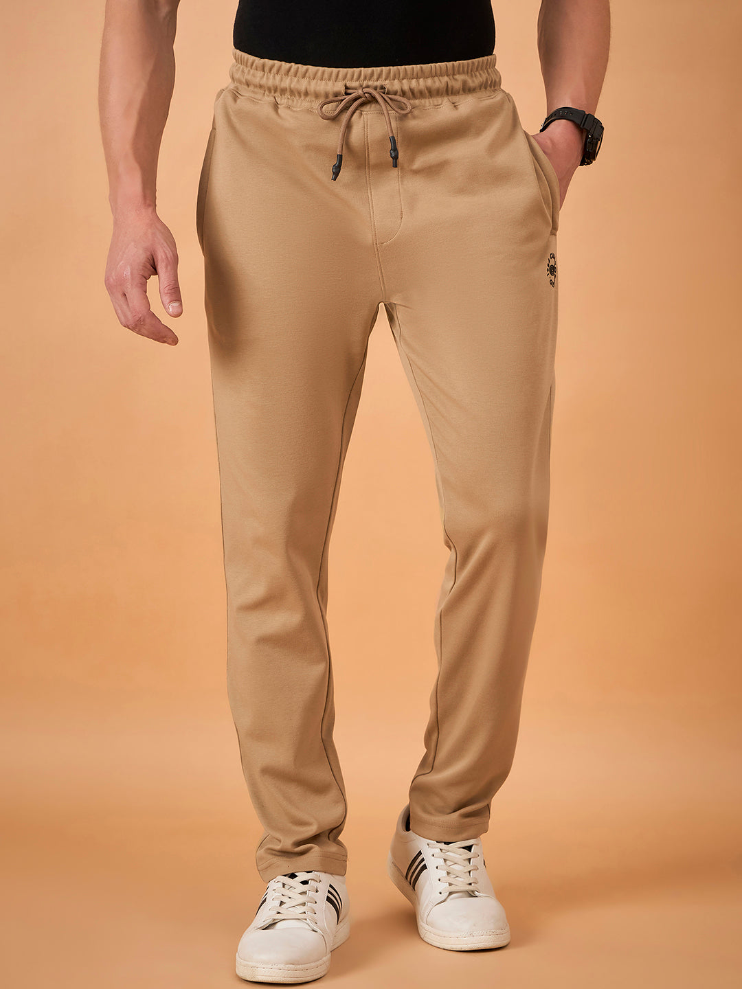 Men Camel Solid Regular Fit Trackpant