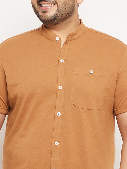 Khaki Half Sleeve Solid Plus Size Shirt