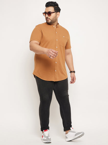 Khaki Half Sleeve Solid Plus Size Shirt