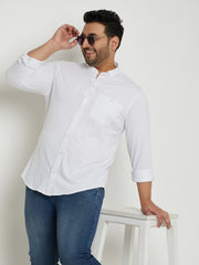 White Solid  Mandarin Collar Plus Size Shirt