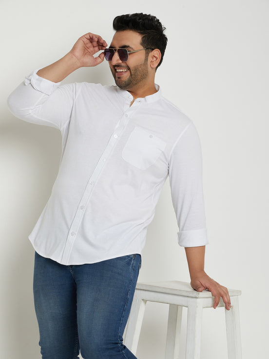 White Solid  Mandarin Collar Plus Size Shirt