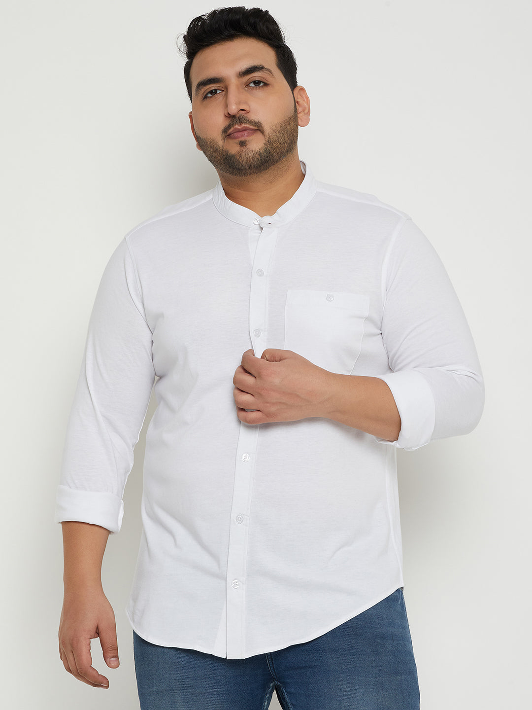 White Solid  Mandarin Collar Plus Size Shirt