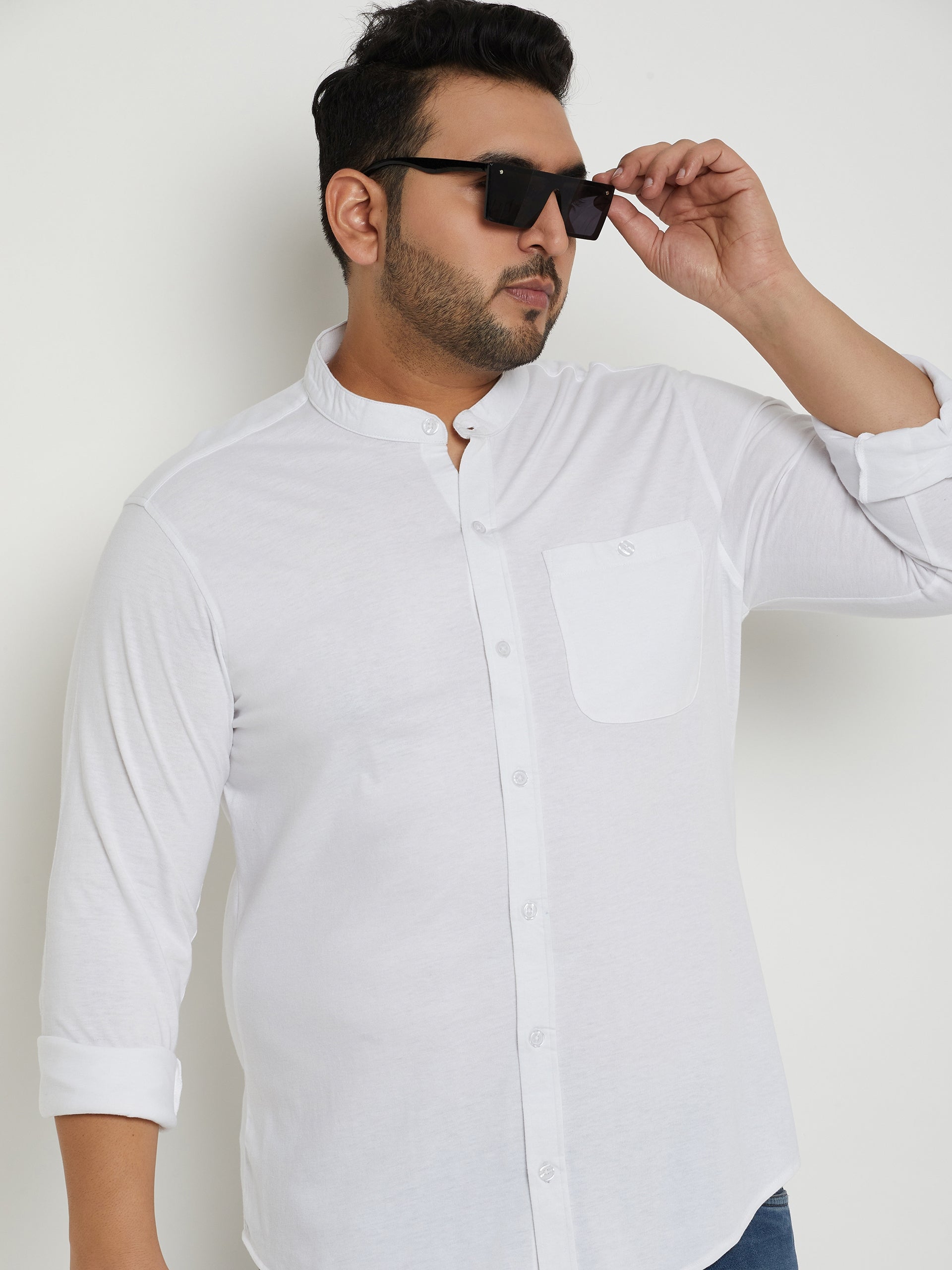 White Solid  Mandarin Collar Plus Size Shirt