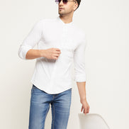 White Solid  Mandarin Collar Shirt