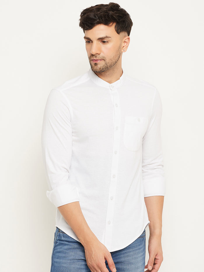 White Solid  Mandarin Collar Shirt