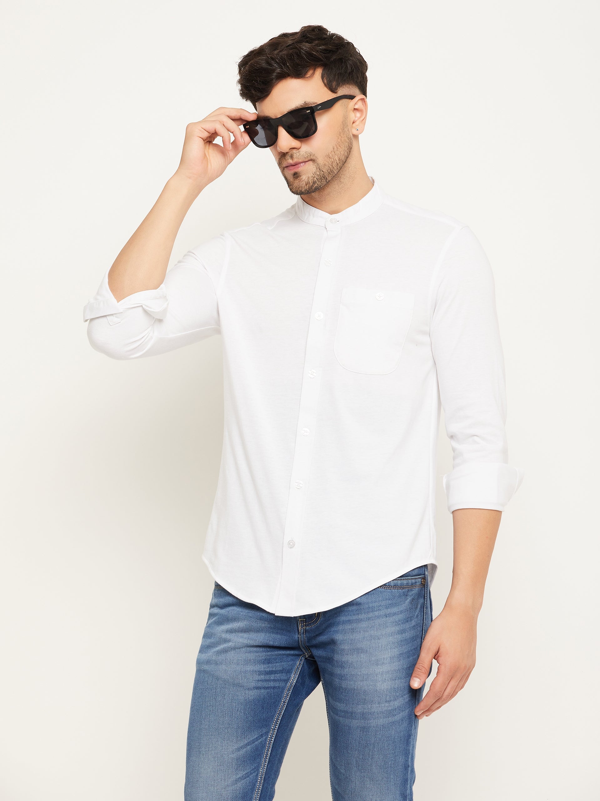White Solid  Mandarin Collar Shirt