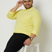 Lemon Yellow Solid Mandarin Collar Plus Size Shirt
