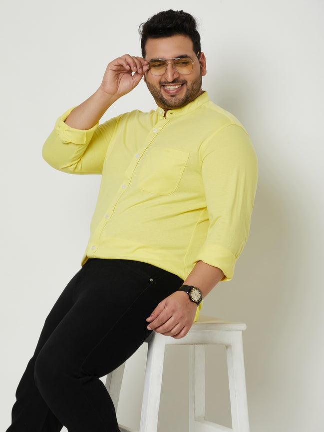 Lemon Yellow Solid Mandarin Collar Plus Size Shirt
