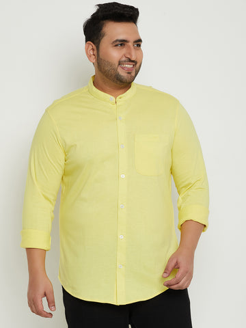 Lemon Yellow Solid Mandarin Collar Plus Size Shirt